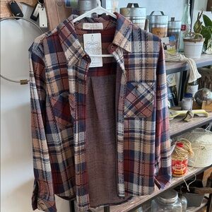 Plaid Button-Up Shirt Jacket in Navy, Rust & Cream